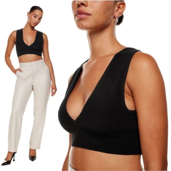 Aritzia Babaton Black Sculpt Knit Deep V Crop Top - Picture 1 of 8